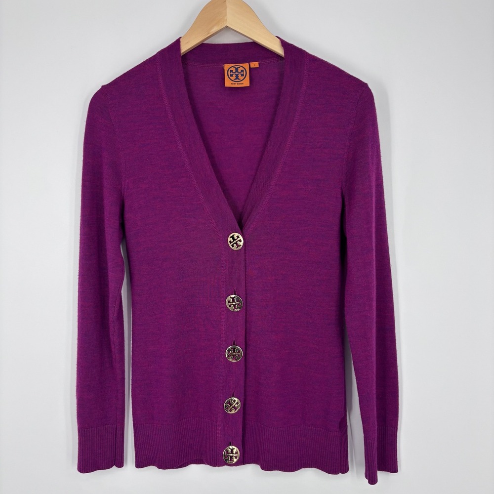 Tory Burch Simone Cardigan Women S Purple Merino Wool Logo Button Sweater V-Neck